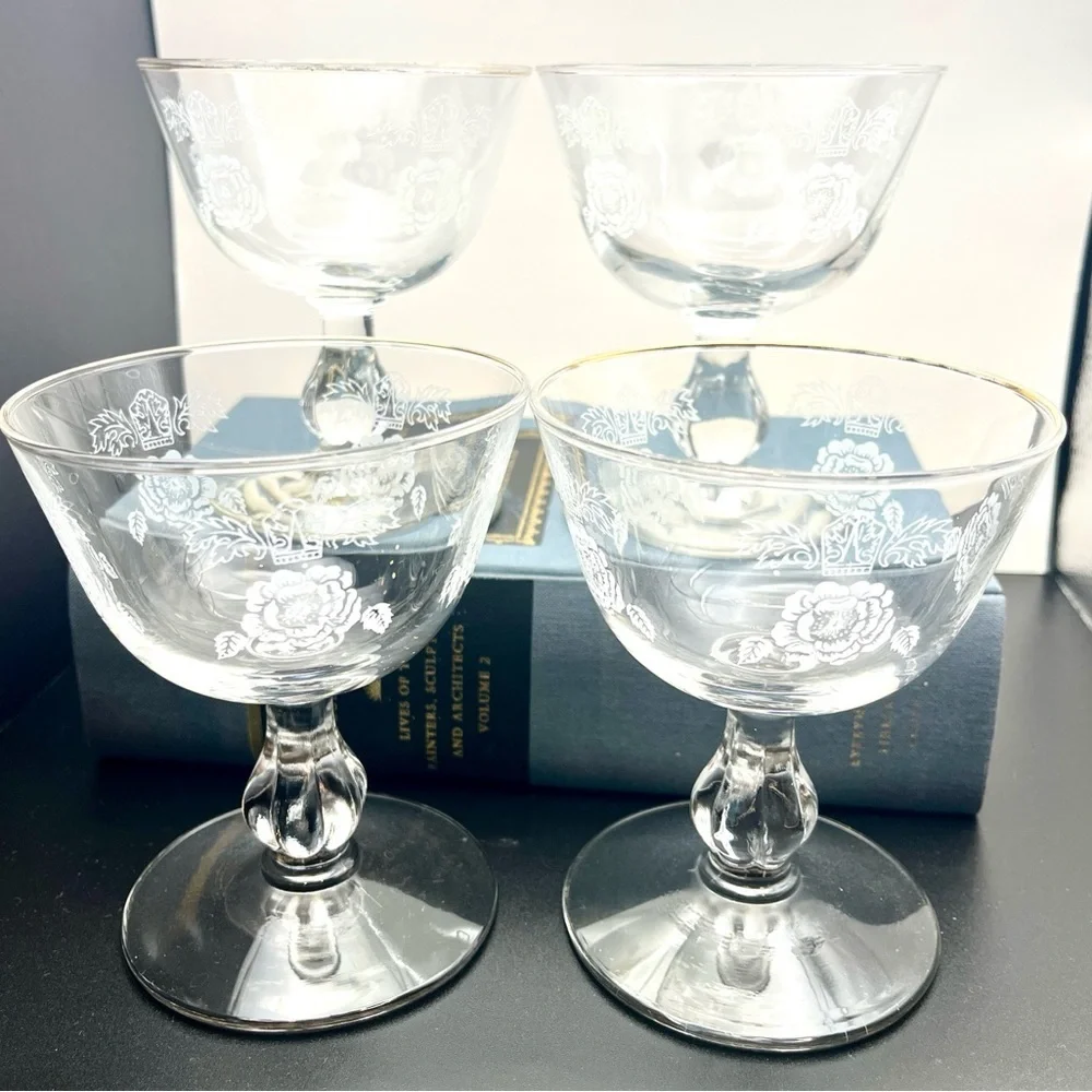 Homer Laughlin 1950’s Queen Esther Rose Floral Etched Sherbert Glasses Set of 4